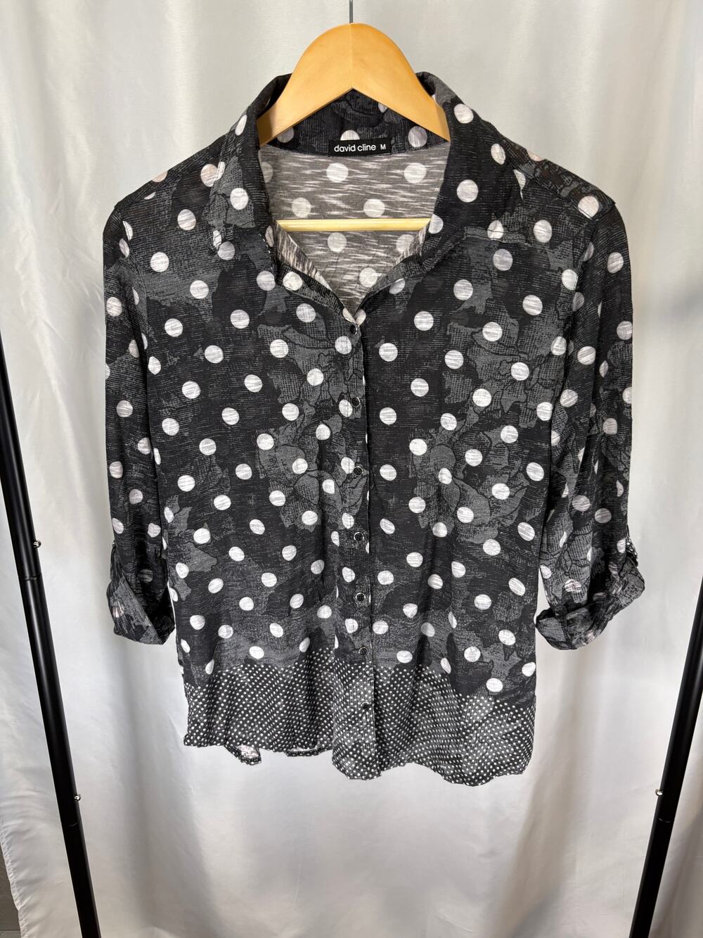 David Cline Women’s Medium Black Polka Dot Floral Button Front Shirt Top